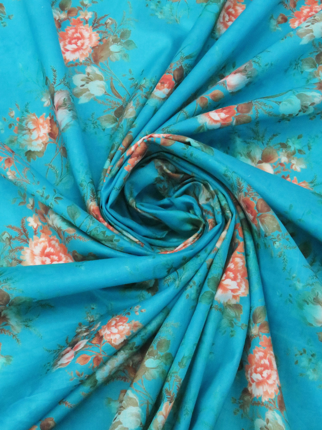 Bright Cerulean Blue/Salmon/Cedar Brown/Multi 100% Cotton Floral Bunches Print Lawn 42W