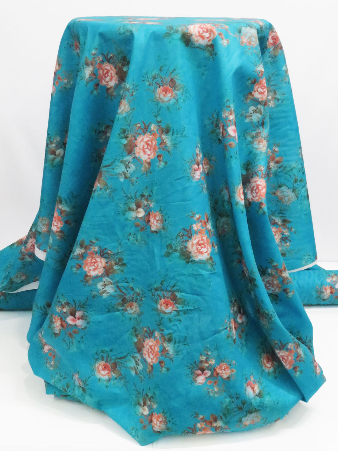 Bright Cerulean Blue/Salmon/Cedar Brown/Multi 100% Cotton Floral Bunches Print Lawn 42W