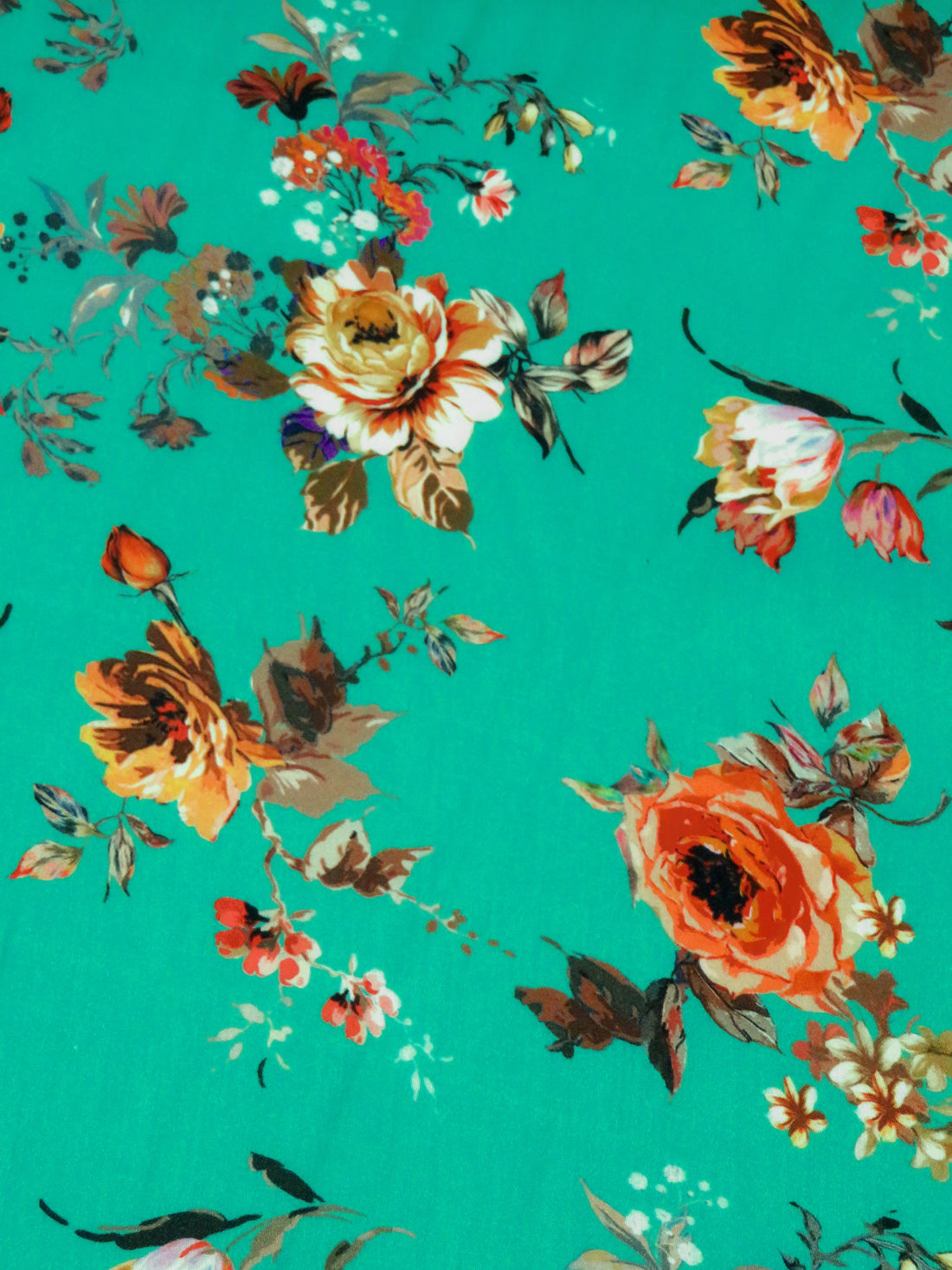 Caribbean Green/Pumpkin/Chocolate/Multi 100% Cotton Floral Print Sateen Shirting 43W