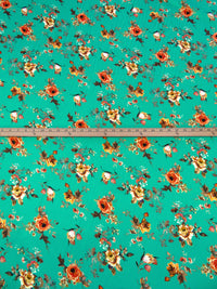 Caribbean Green/Pumpkin/Chocolate/Multi 100% Cotton Floral Print Sateen Shirting 43W