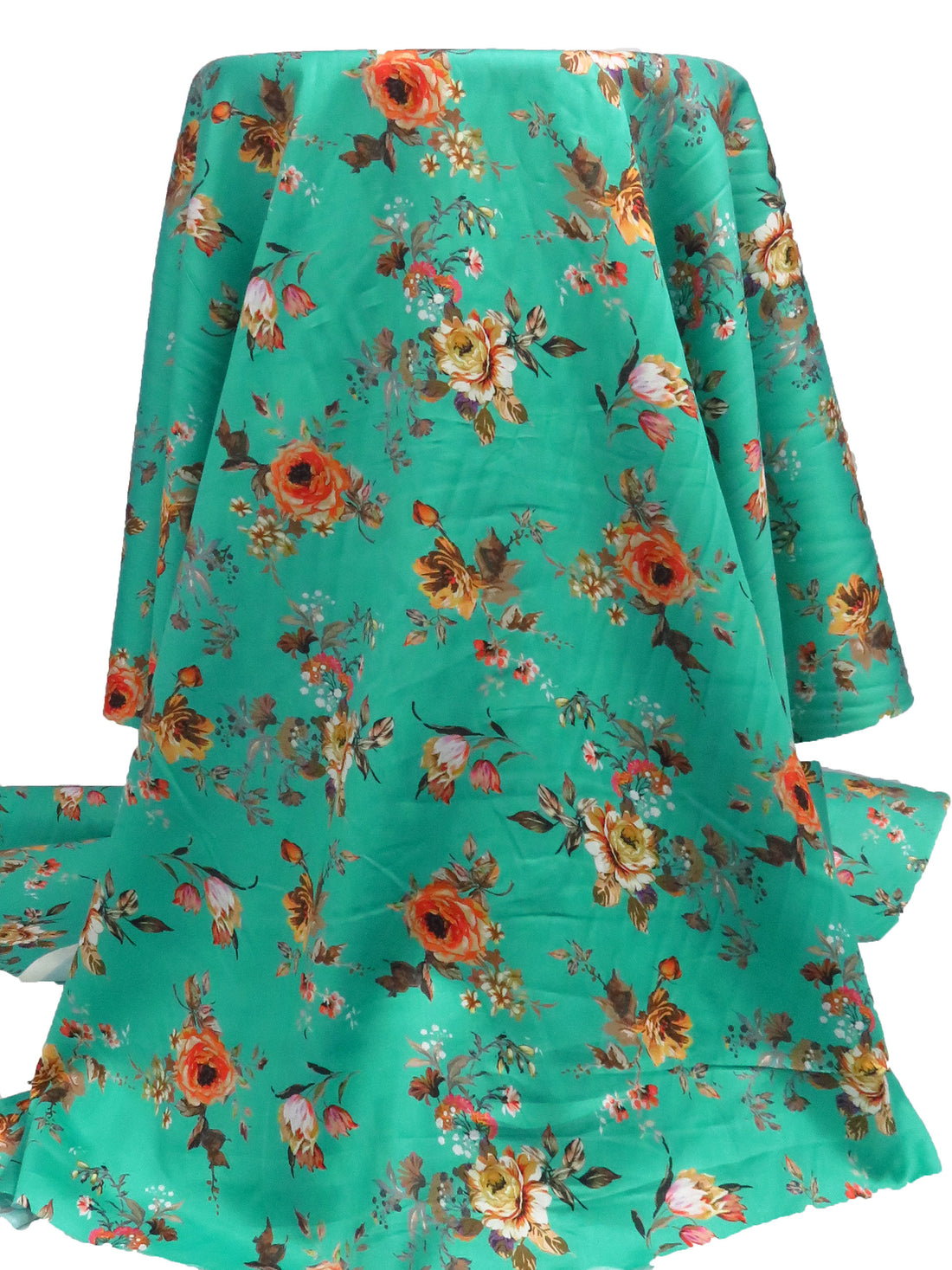 Caribbean Green/Pumpkin/Chocolate/Multi 100% Cotton Floral Print Sateen Shirting 43W