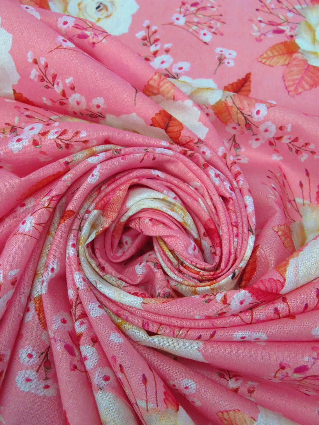 Watermelon Pink/Chinese Orange/Peach/Multi 100% Cotton Rose Print Lawn 42W