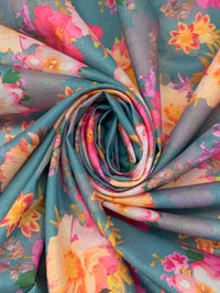 Steel Teal/Raspberry Pink/Multi 100% Cotton Floral Print Lawn 42W