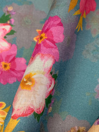 Steel Teal/Raspberry Pink/Multi 100% Cotton Floral Print Lawn 42W
