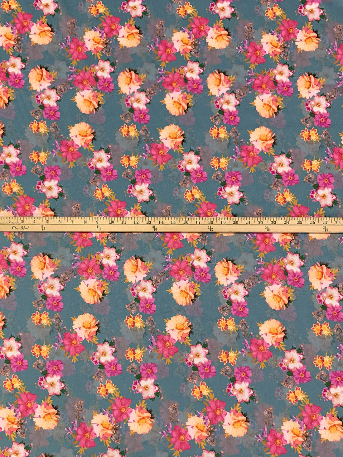 Steel Teal/Raspberry Pink/Multi 100% Cotton Floral Print Lawn 42W