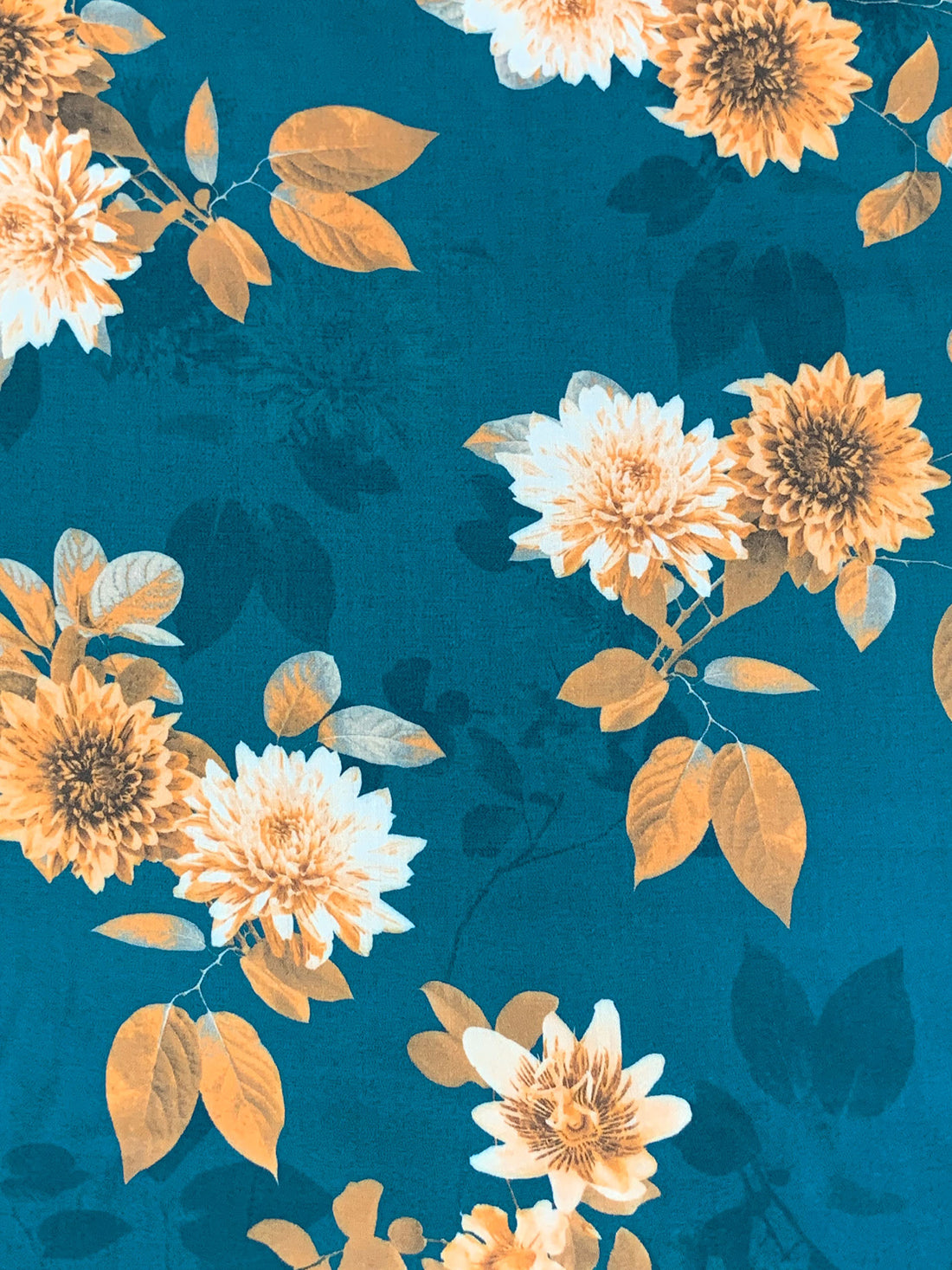 Deep Sea Blue/Straw/Multi 100% Cotton Floral Print Sateen Shirting 42W