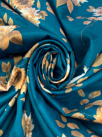 Deep Sea Blue/Straw/Multi 100% Cotton Floral Print Sateen Shirting 42W