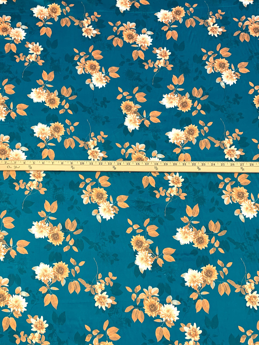 Deep Sea Blue/Straw/Multi 100% Cotton Floral Print Sateen Shirting 42W