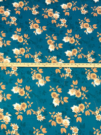 Deep Sea Blue/Straw/Multi 100% Cotton Floral Print Sateen Shirting 42W