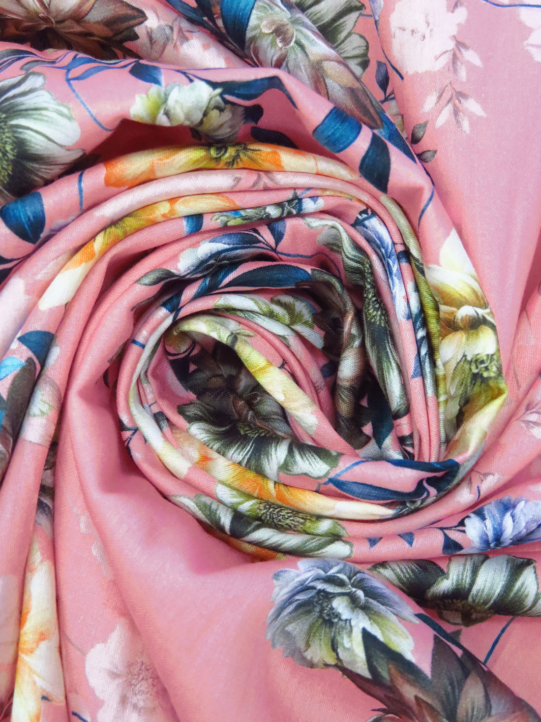 Flamingo Pink/Sea Blue/Washed-Out Persimmon/Multi 100% Cotton Floral Print Sateen Shirting 42W