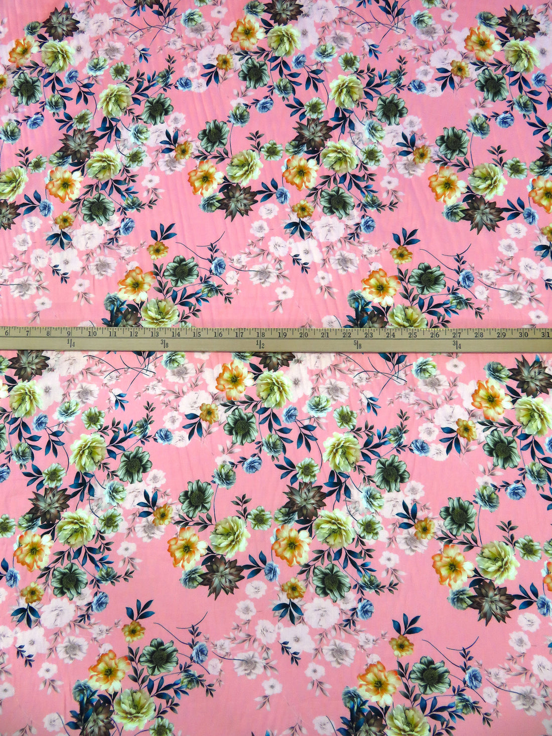 Flamingo Pink/Sea Blue/Washed-Out Persimmon/Multi 100% Cotton Floral Print Sateen Shirting 42W