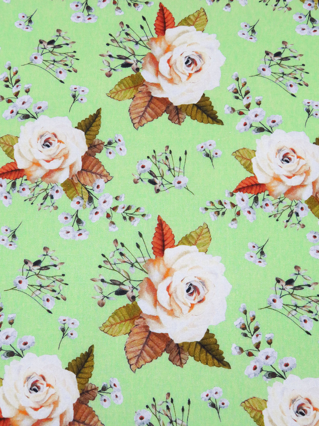 Granny Smith Apple/Burnt Orange/Dark Olive/Multi 100% Cotton Roses Print Lawn 42W