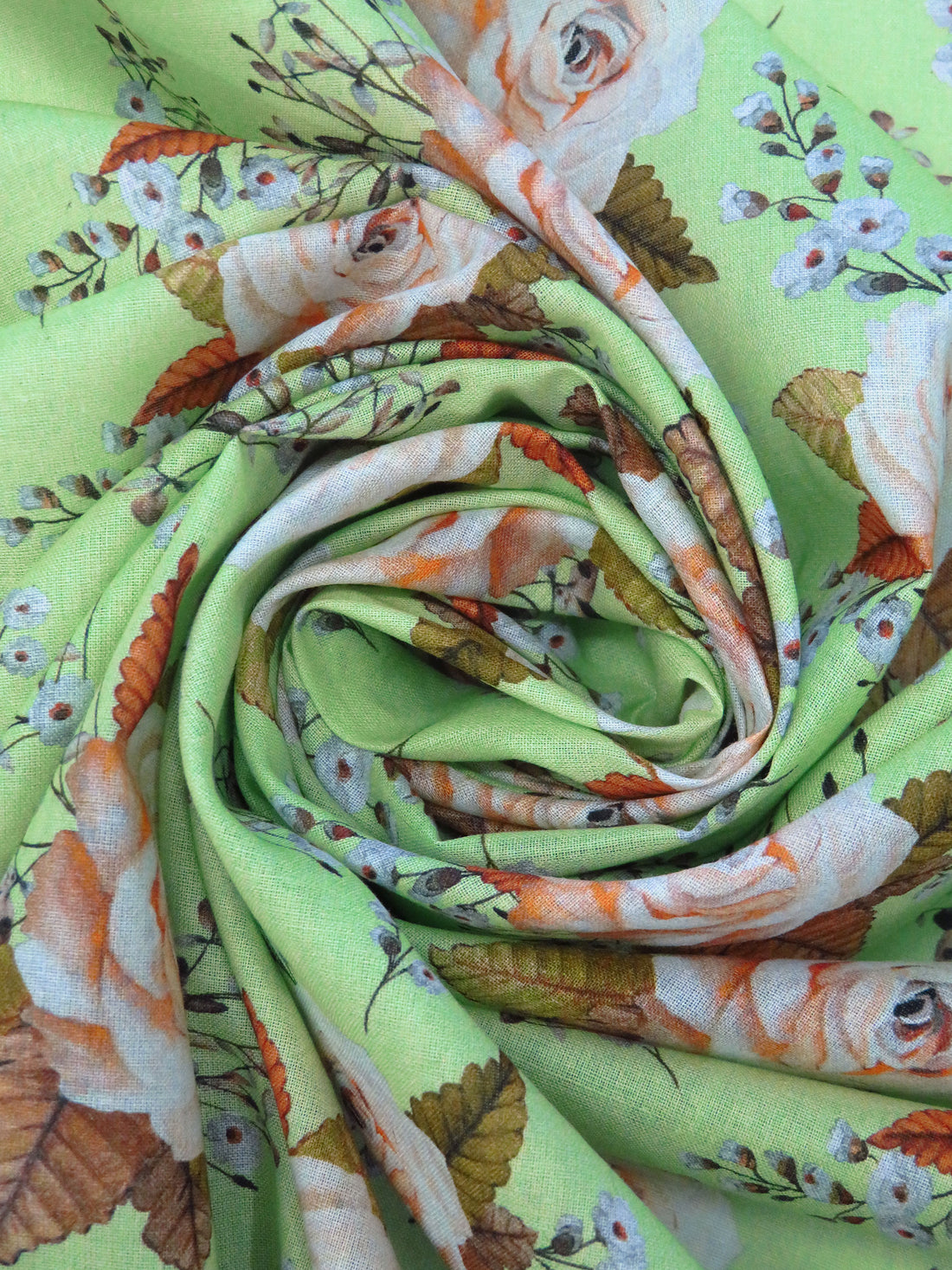 Granny Smith Apple/Burnt Orange/Dark Olive/Multi 100% Cotton Roses Print Lawn 42W