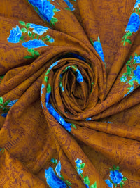 Burnt Rustic Orange/French Sky Blue/Multi 100% Cotton Floral Print Lawn 42W