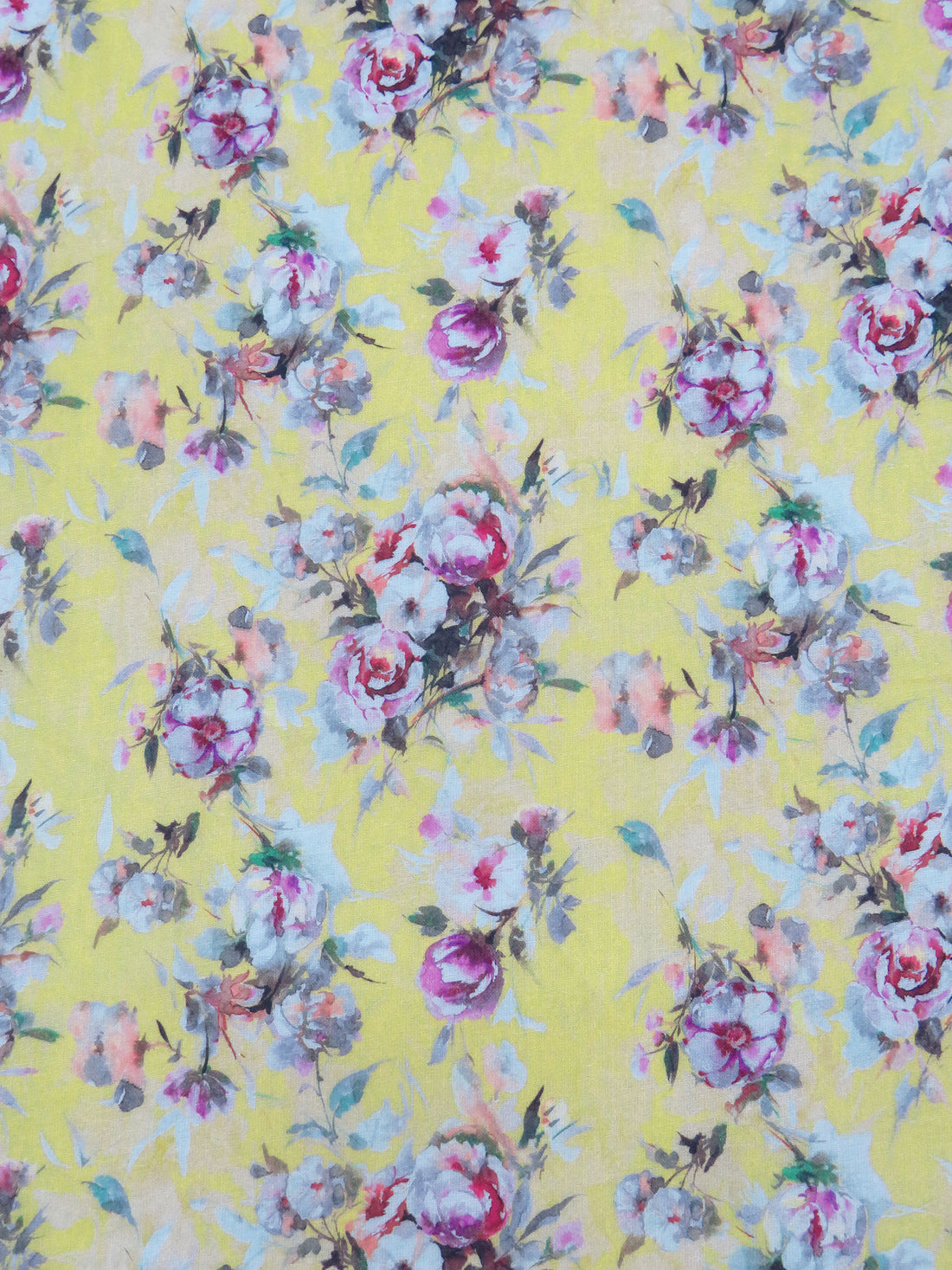 Pale Lemon-Lime/White/Plum/Multi 100% Cotton Floral Print Lawn 43W