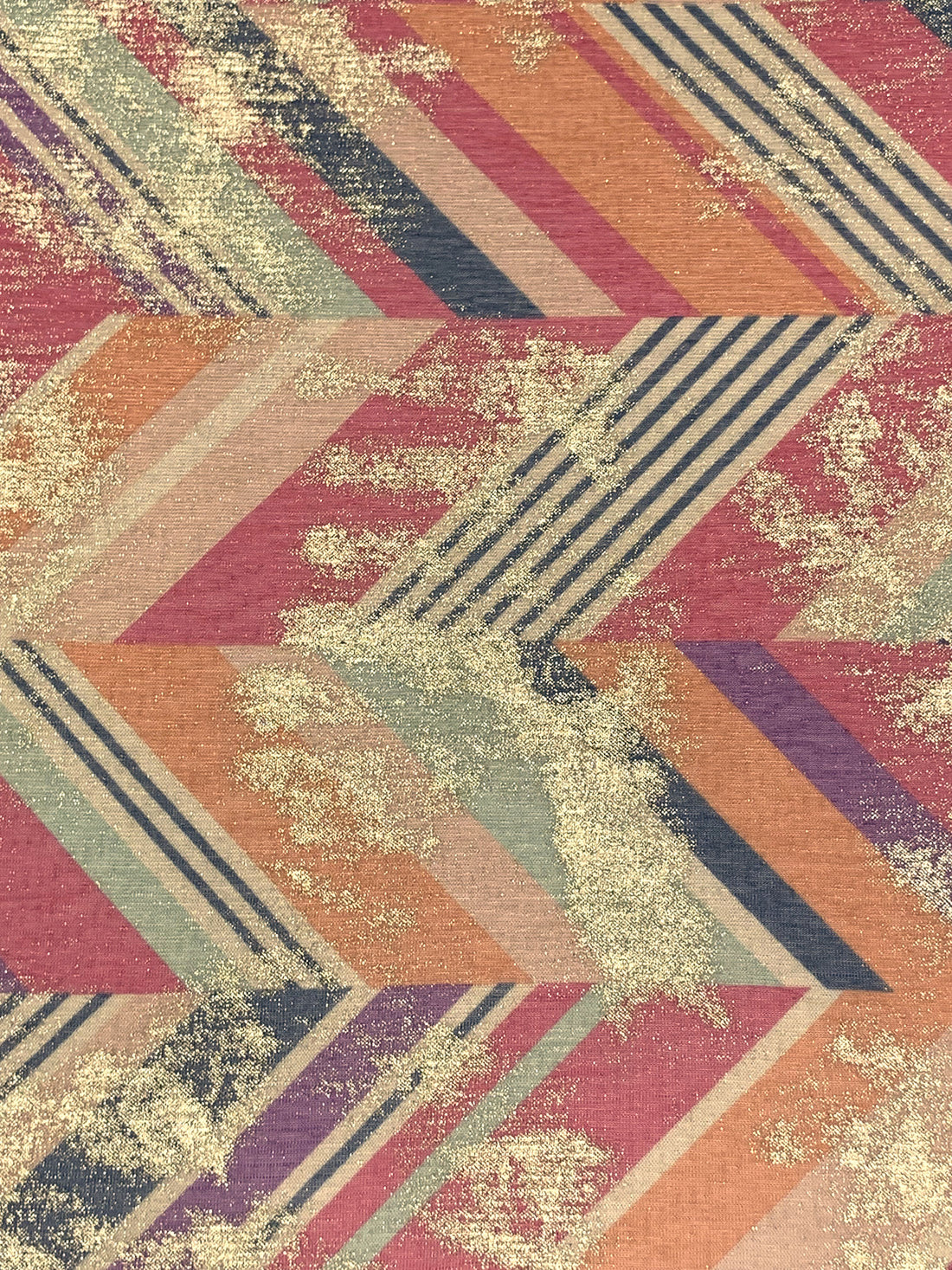 Prussian Blue/Raw Sienna/Deep Carmine/Multi 100% Polyester Stylized Zig-Zag Foil Splotch Print Sheer Knit - NY Designer - 55W