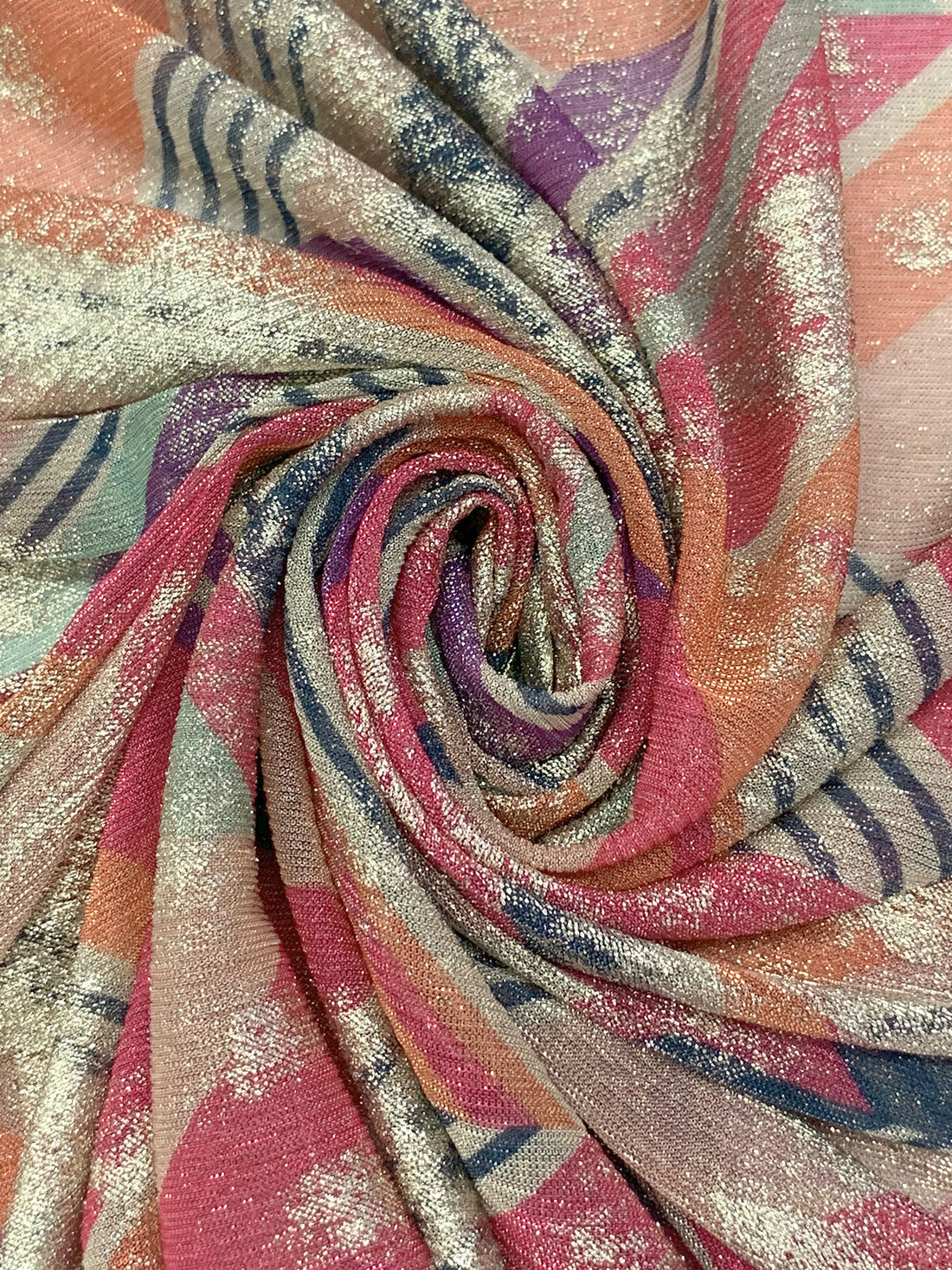 Prussian Blue/Raw Sienna/Deep Carmine/Multi 100% Polyester Stylized Zig-Zag Foil Splotch Print Sheer Knit - NY Designer - 55W