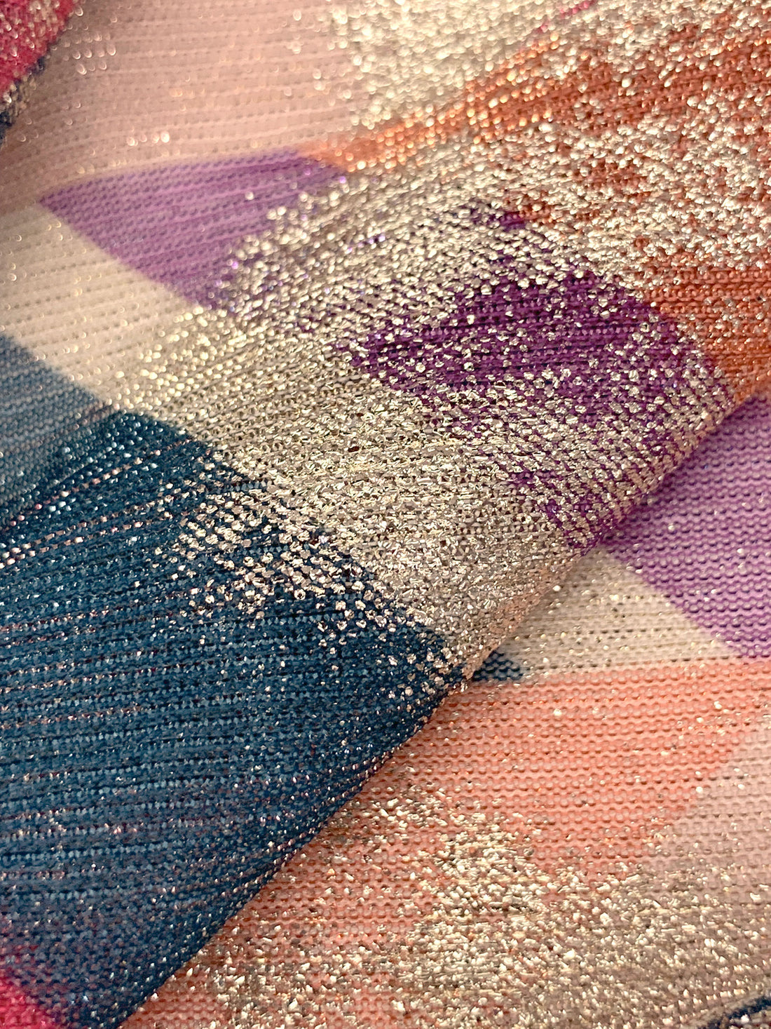 Prussian Blue/Raw Sienna/Deep Carmine/Multi 100% Polyester Stylized Zig-Zag Foil Splotch Print Sheer Knit - NY Designer - 55W