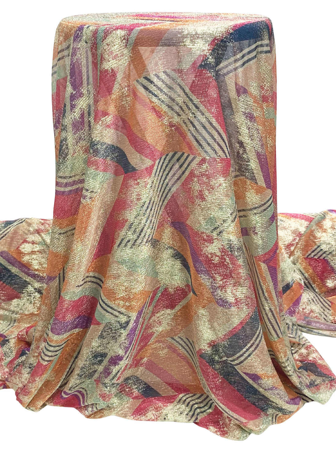 Prussian Blue/Raw Sienna/Deep Carmine/Multi 100% Polyester Stylized Zig-Zag Foil Splotch Print Sheer Knit - NY Designer - 55W