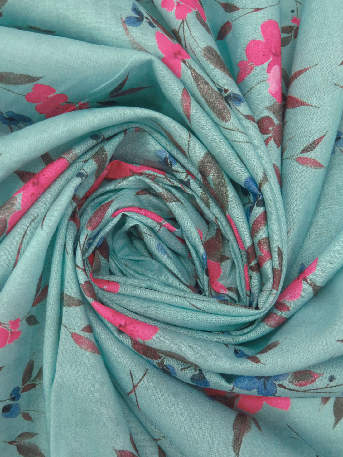 Pale Turquoise/French Rose/Steel Blue/Multi 100% Cotton Floral Stem Print Voile 42W