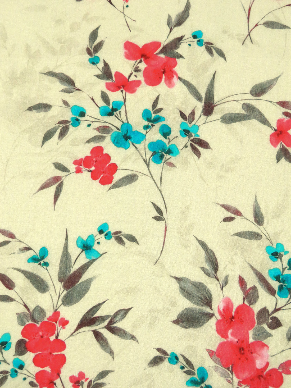 Pale Goldenrod/Vivid Teal Blue/Desire Red/Multi 100% Cotton Floral Stem Print Voile 42W