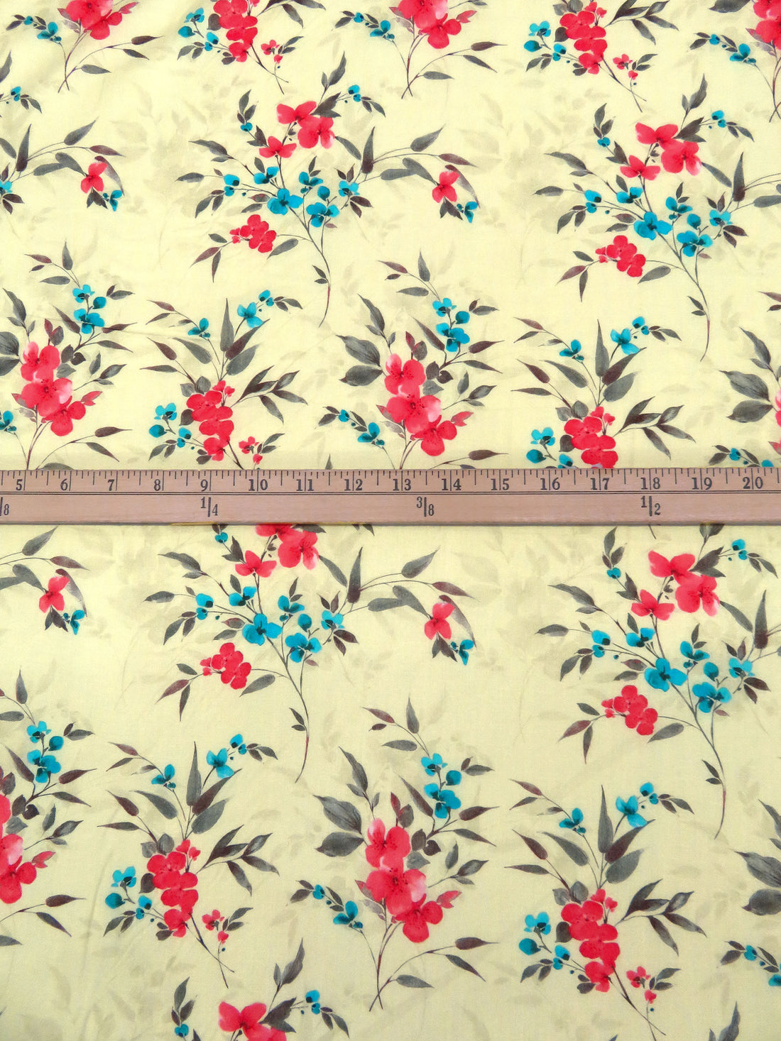 Pale Goldenrod/Vivid Teal Blue/Desire Red/Multi 100% Cotton Floral Stem Print Voile 42W