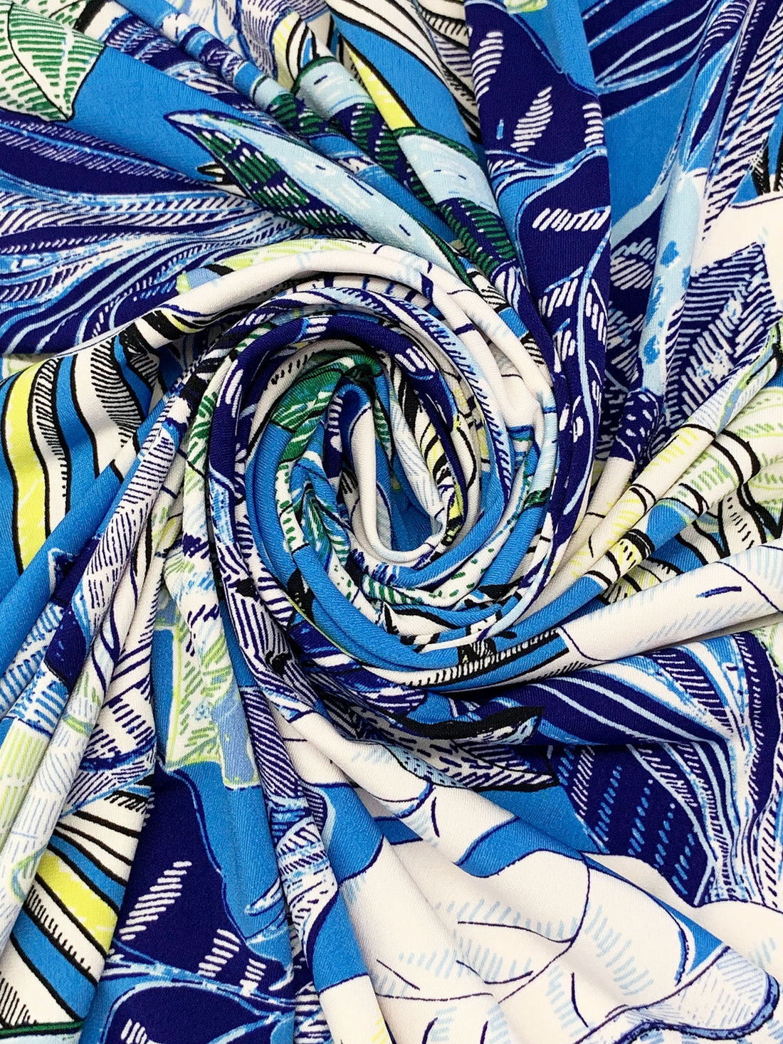 Pacific Blue/White/Canary/Multi Polyester/Lycra Stylized Floral Print ITY Knit 58W