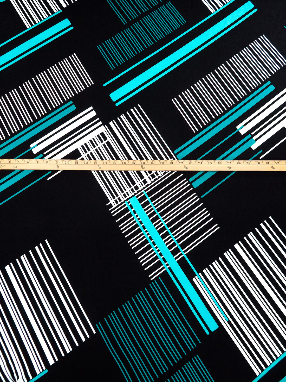 Black/Teal/White/Turquoise Polyester/Lycra Abstract Barcode Print FTY Knit 54W