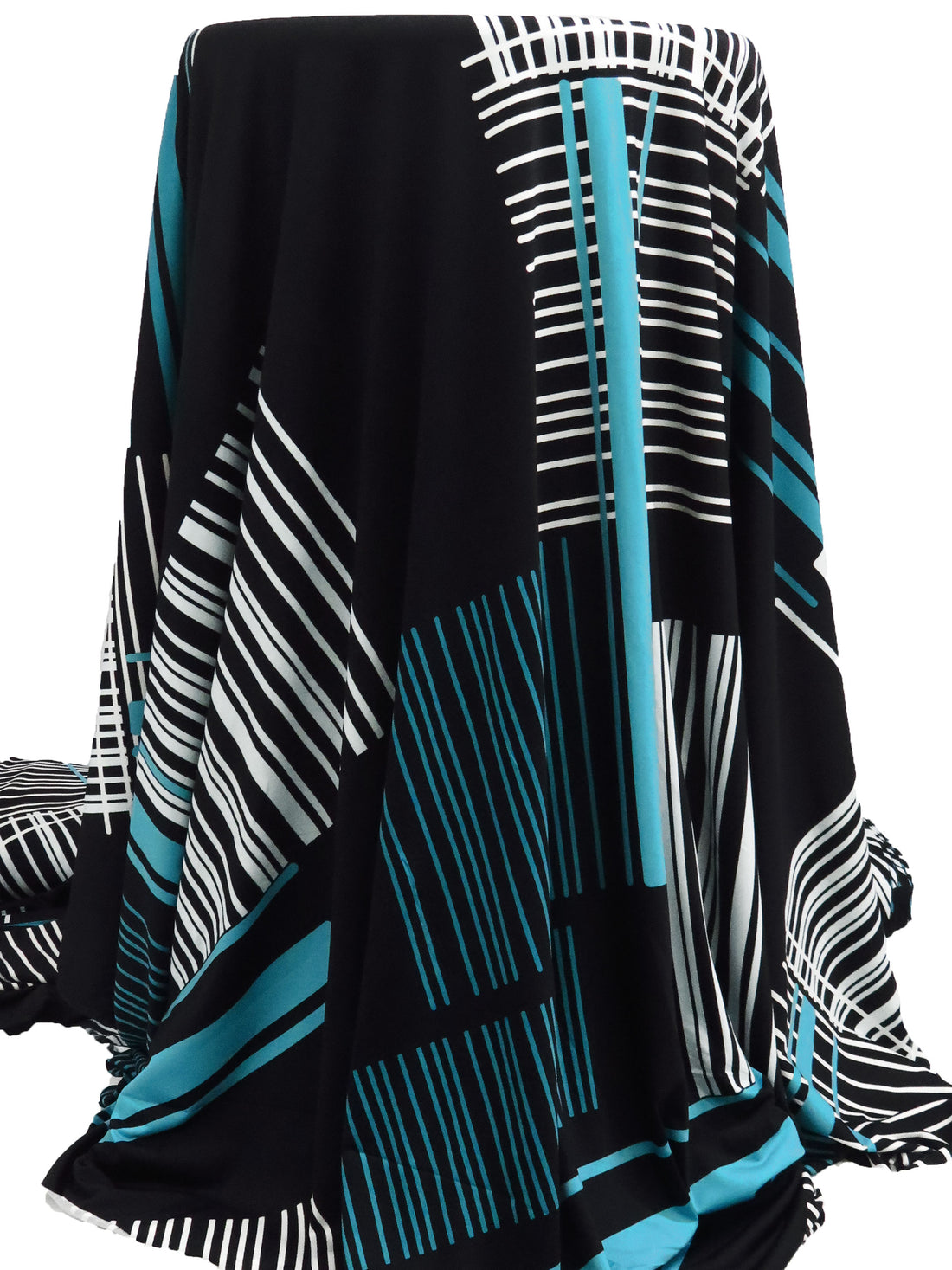 Black/Teal/White/Turquoise Polyester/Lycra Abstract Barcode Print FTY Knit 54W