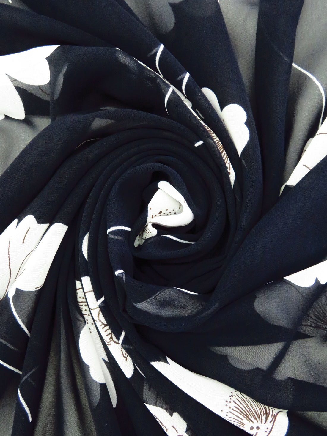 Midnight Navy/White/Chocolate 100% Polyester Floral Print Chiffon 58W