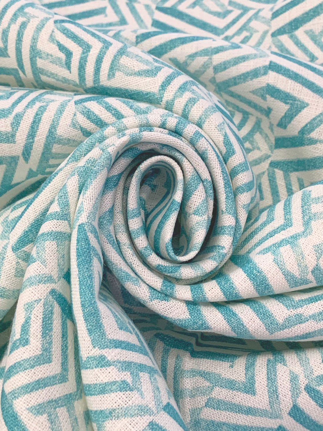 Deep Turquoise/Eggshell 100% Linen Zig Zag Block Print Heavy-Weight Woven 56W