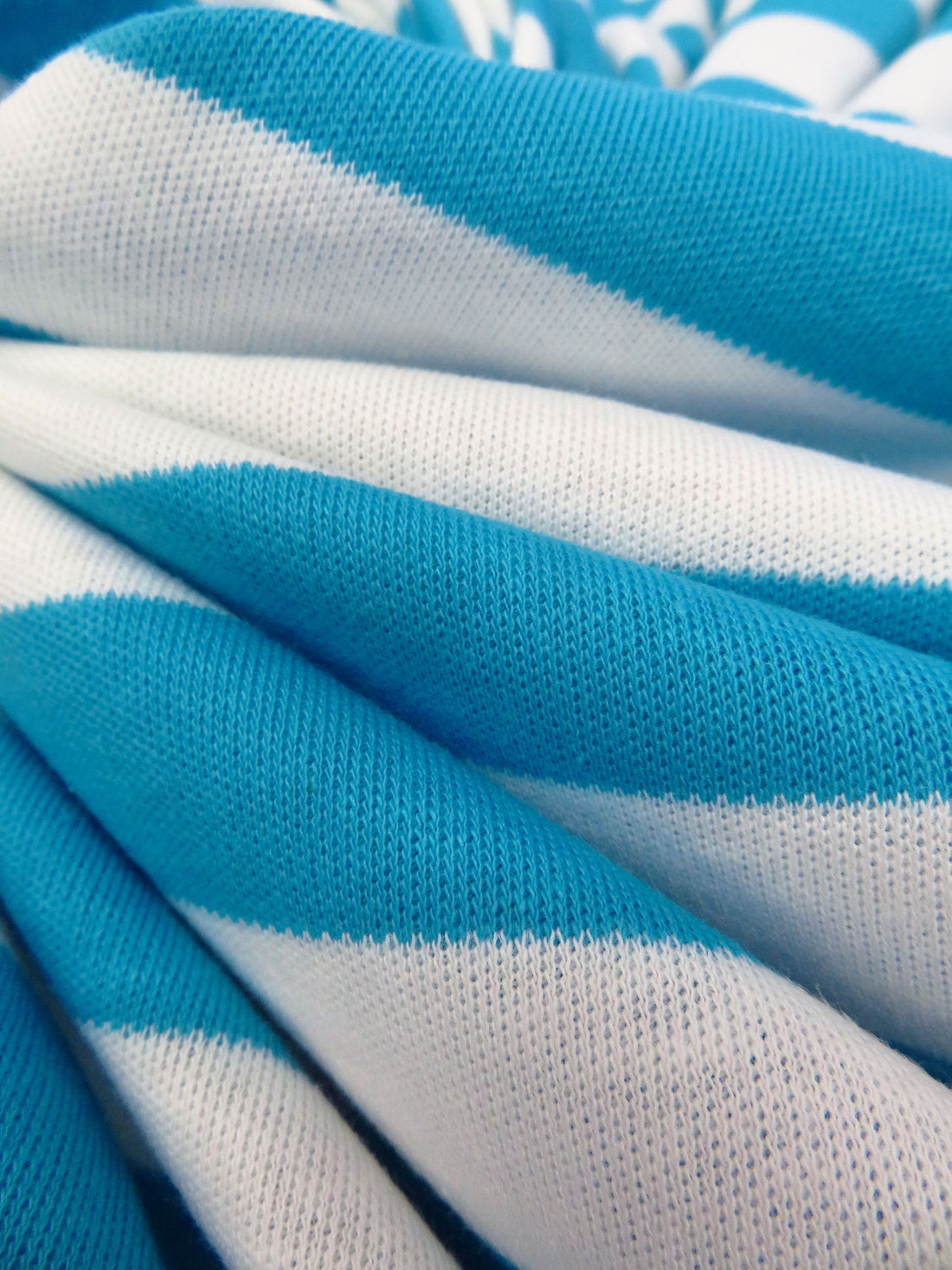 Bondi Blue/White Cotton/Lycra Horizontal Stripe Weave Interlock Knit 64W