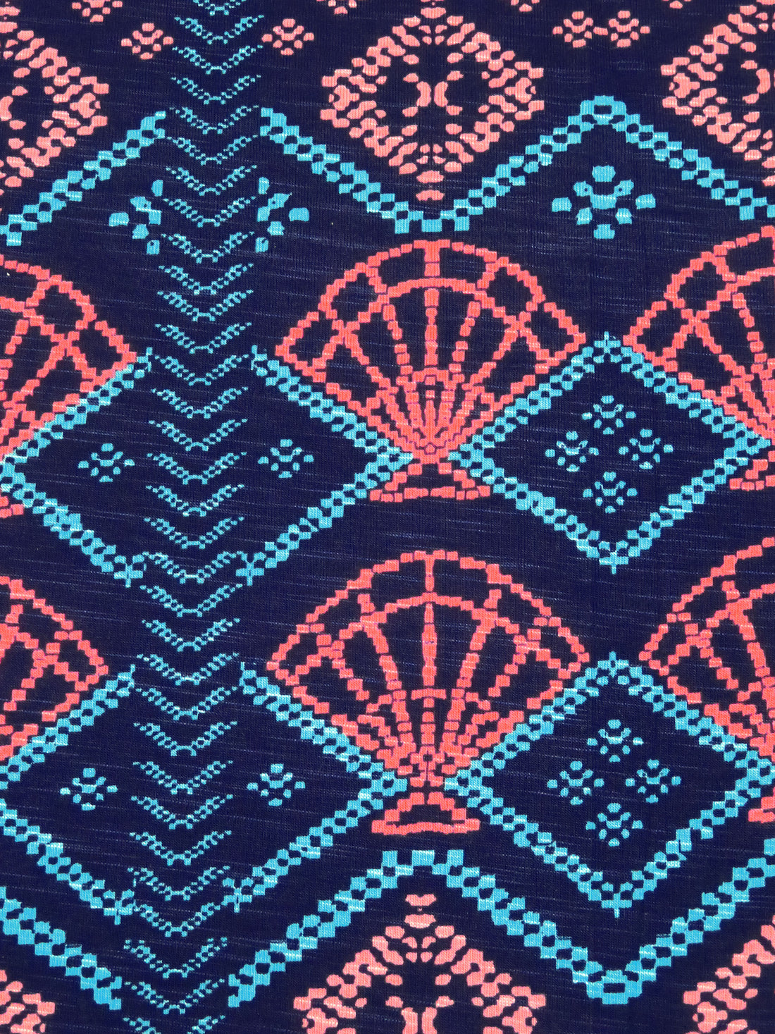 Navy Blue Bellflower/Blue Raspberry/Pale Salmon/Pastel Red Rayon/Lycra Pixelated Shell Design Print Jersey Knit - Tori Richard - 58W