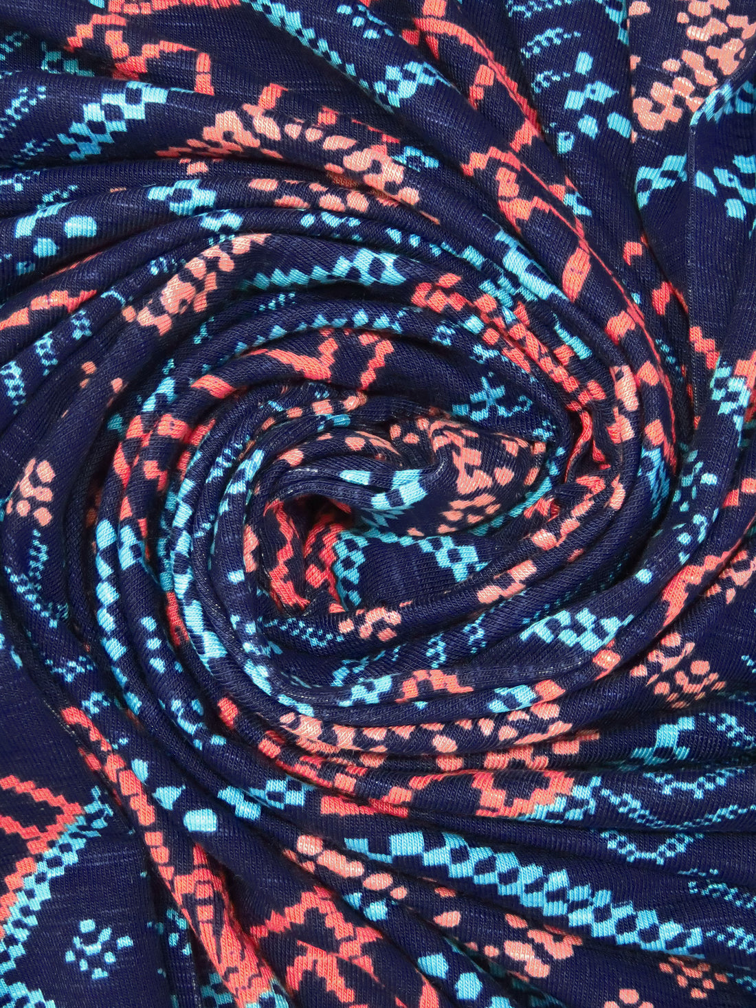 Navy Blue Bellflower/Blue Raspberry/Pale Salmon/Pastel Red Rayon/Lycra Pixelated Shell Design Print Jersey Knit - Tori Richard - 58W