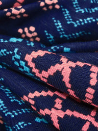 Navy Blue Bellflower/Blue Raspberry/Pale Salmon/Pastel Red Rayon/Lycra Pixelated Shell Design Print Jersey Knit - Tori Richard - 58W
