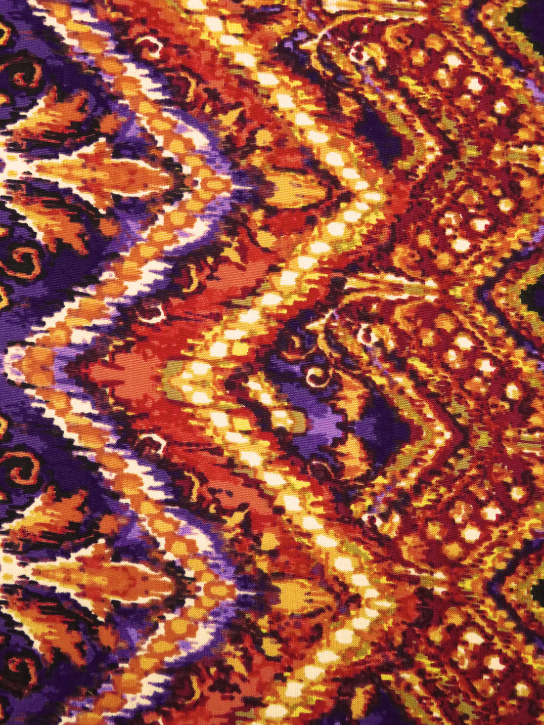 Tangerine/Royal Purple/Maroon/Multi Polyester/Lycra Double Border Vertical Ornate Chevron Print DTY Knit 58W