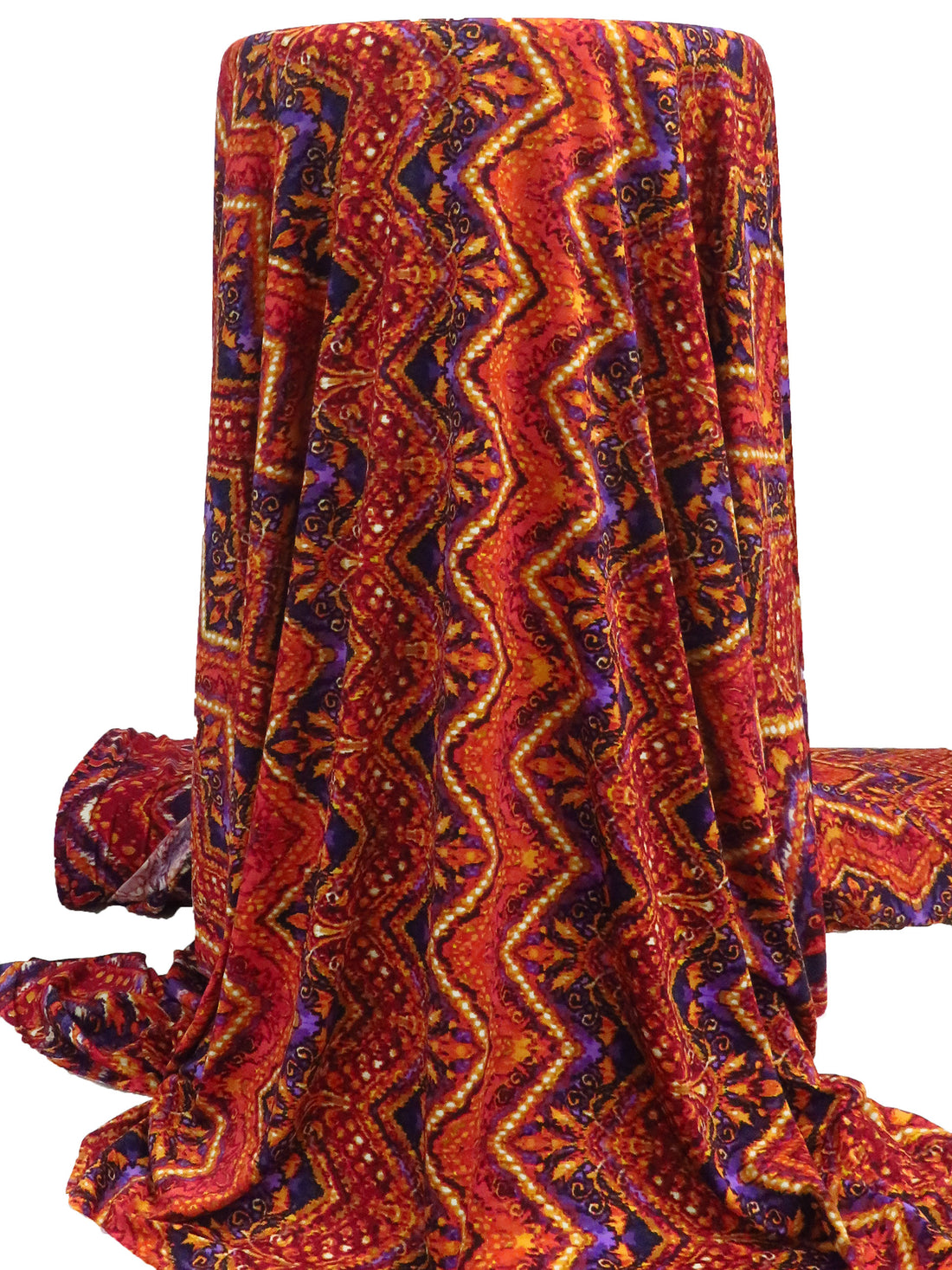 Tangerine/Royal Purple/Maroon/Multi Polyester/Lycra Double Border Vertical Ornate Chevron Print DTY Knit 58W