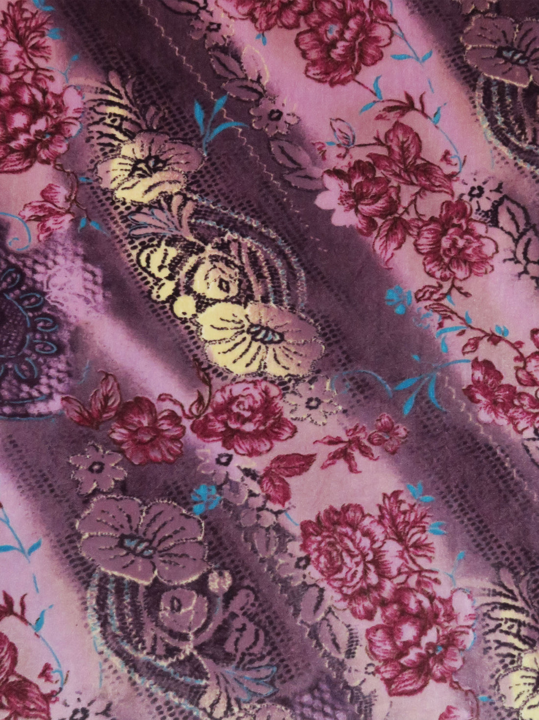 Lilac/Dark Vanilla/Mulberry/Multi Polyester/Lycra Ornate Diagonal Floral Stripe Print Stretch Velvet Knit 54W