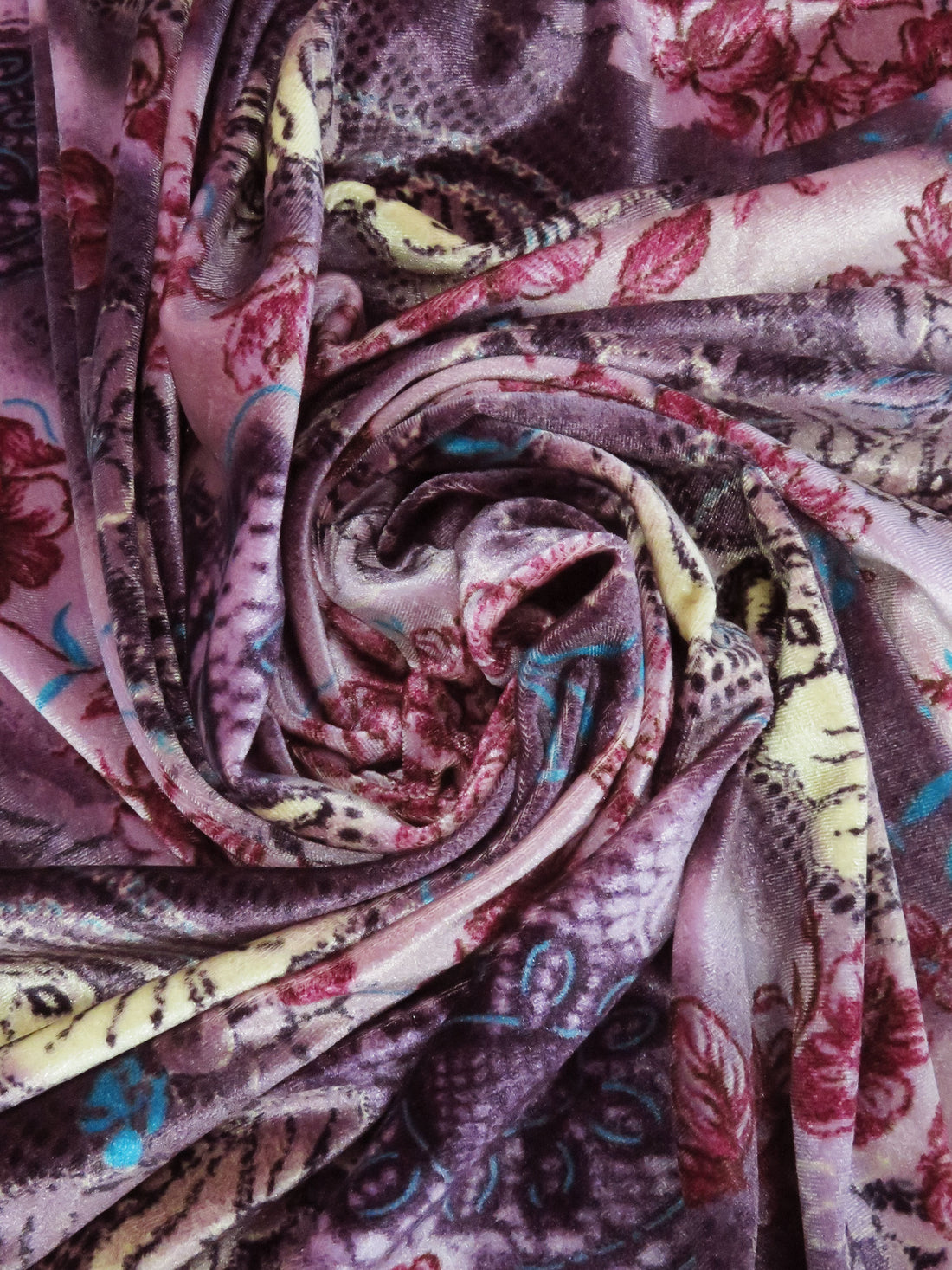 Lilac/Dark Vanilla/Mulberry/Multi Polyester/Lycra Ornate Diagonal Floral Stripe Print Stretch Velvet Knit 54W