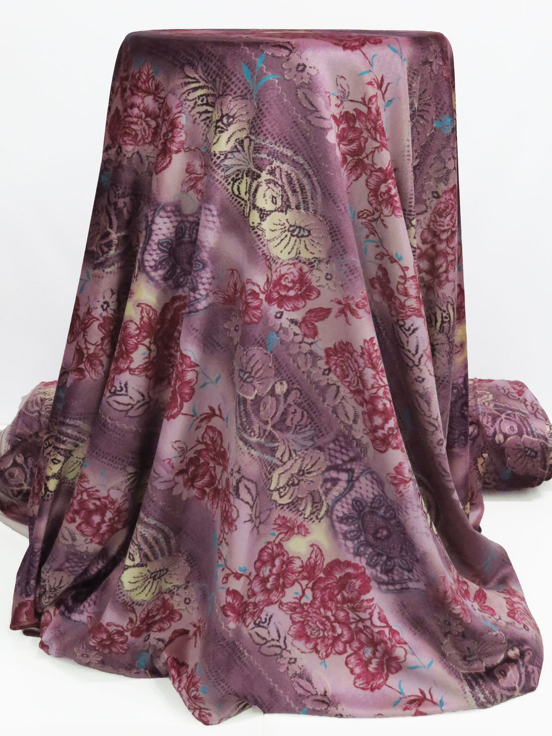 Lilac/Dark Vanilla/Mulberry/Multi Polyester/Lycra Ornate Diagonal Floral Stripe Print Stretch Velvet Knit 54W