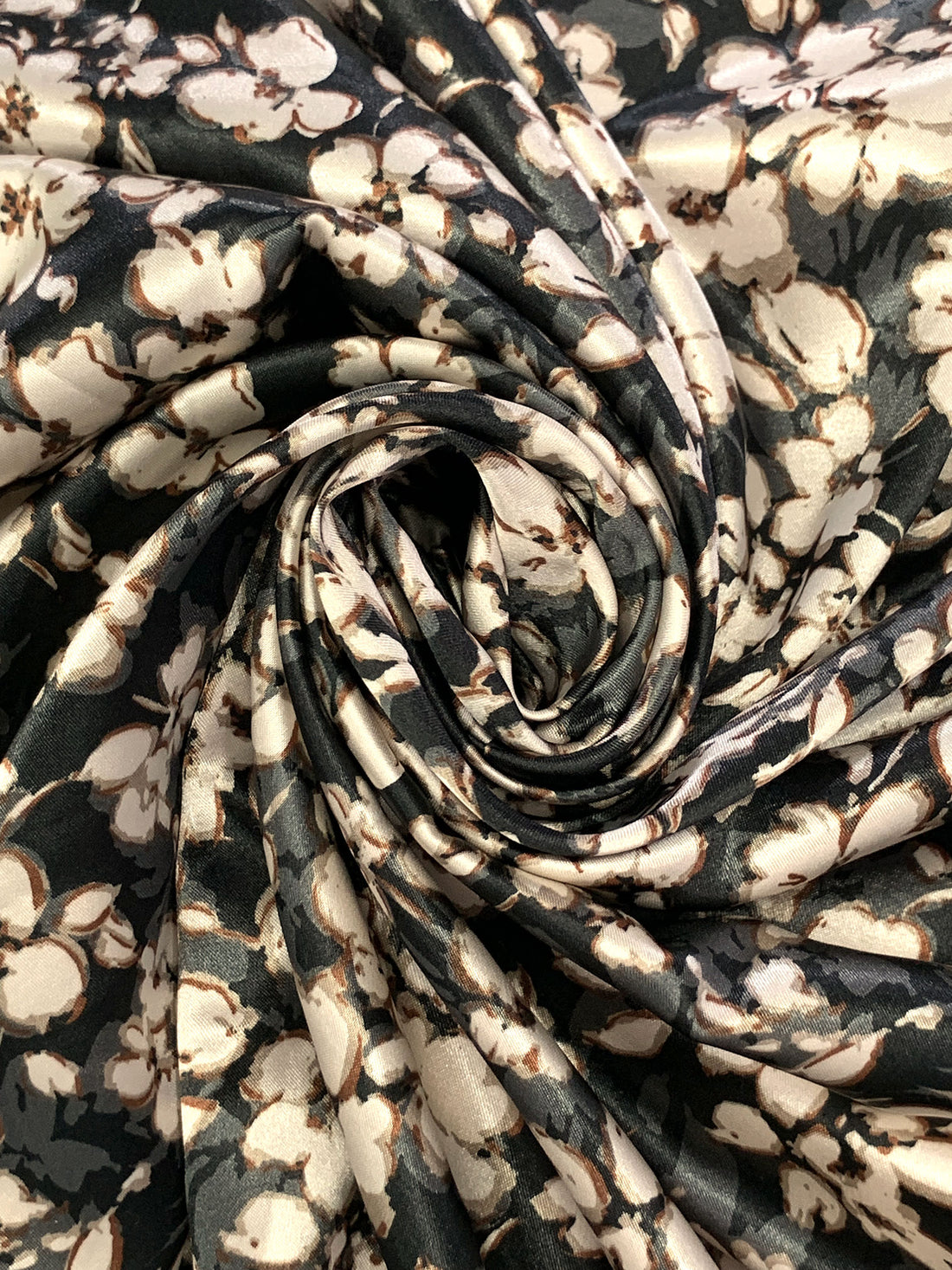 Black/Off-White/Dark Gray Polyester/Lycra Floral Print Stretch Charmeuse 56W