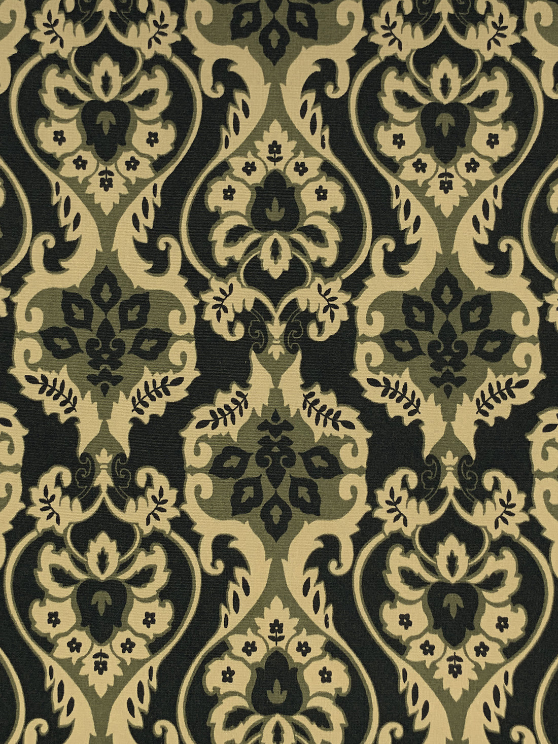 Dark Olive Green/Tan/Black Polyester/Lycra Damask Print DTY Knit 58W