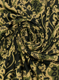 Dark Olive Green/Tan/Black Polyester/Lycra Damask Print DTY Knit 58W