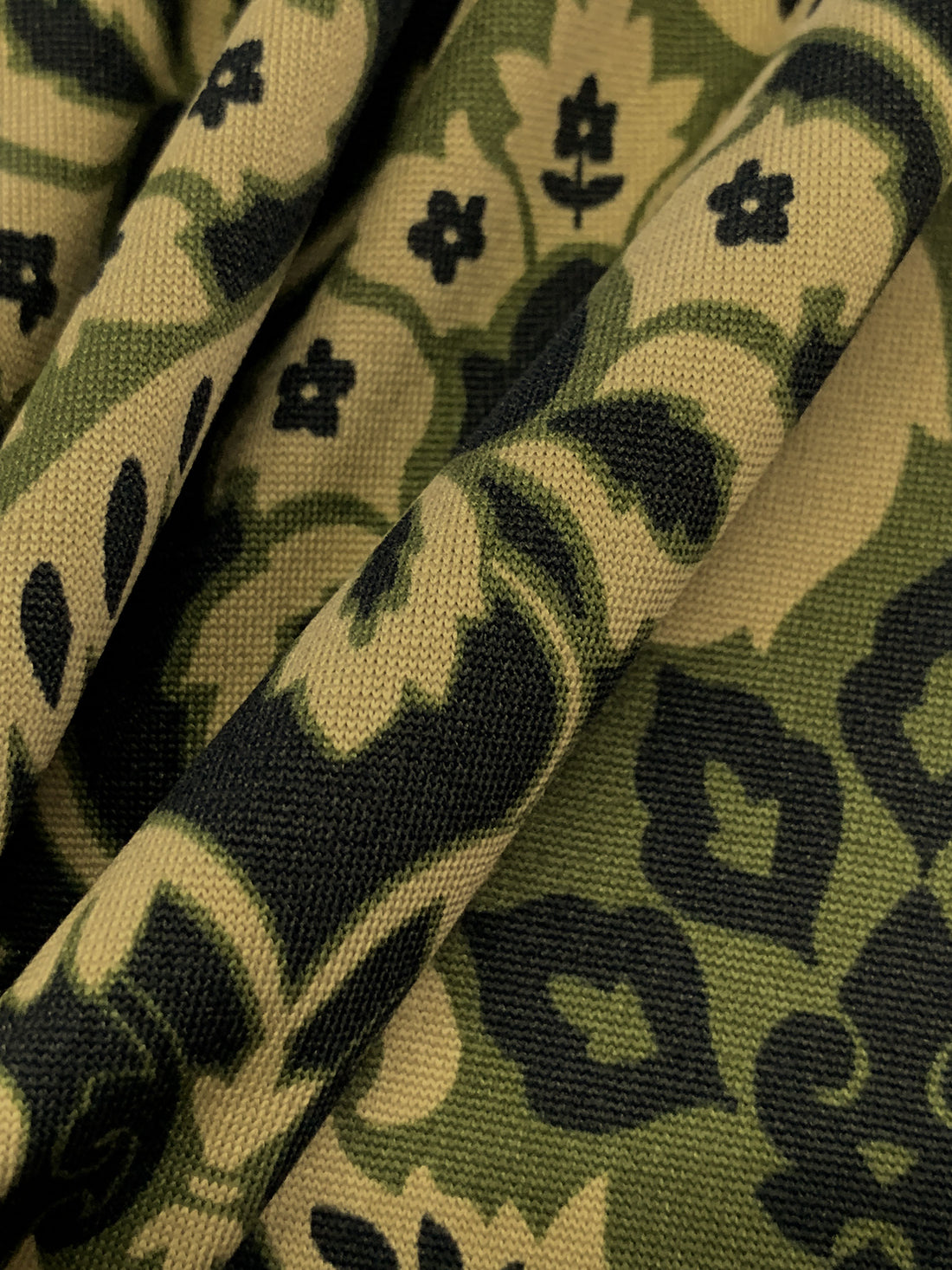 Dark Olive Green/Tan/Black Polyester/Lycra Damask Print DTY Knit 58W