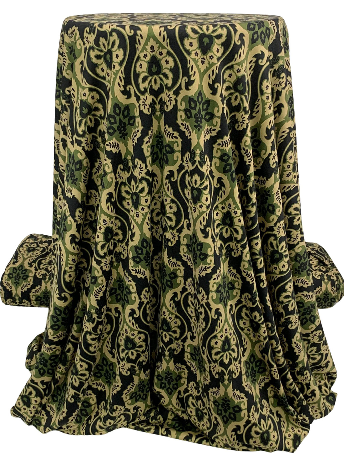 Dark Olive Green/Tan/Black Polyester/Lycra Damask Print DTY Knit 58W