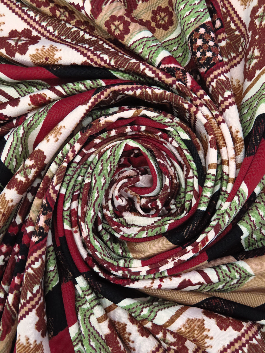 Almond/Burgundy/Bud Green/Multi Polyester/Lycra Double Border Ornate Framework Print DTY Knit 58W