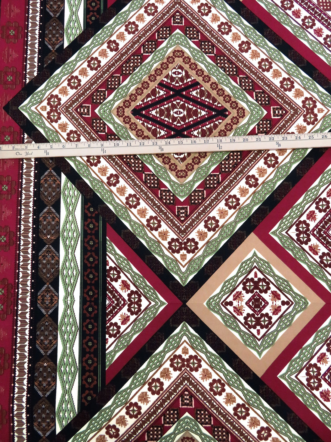 Almond/Burgundy/Bud Green/Multi Polyester/Lycra Double Border Ornate Framework Print DTY Knit 58W