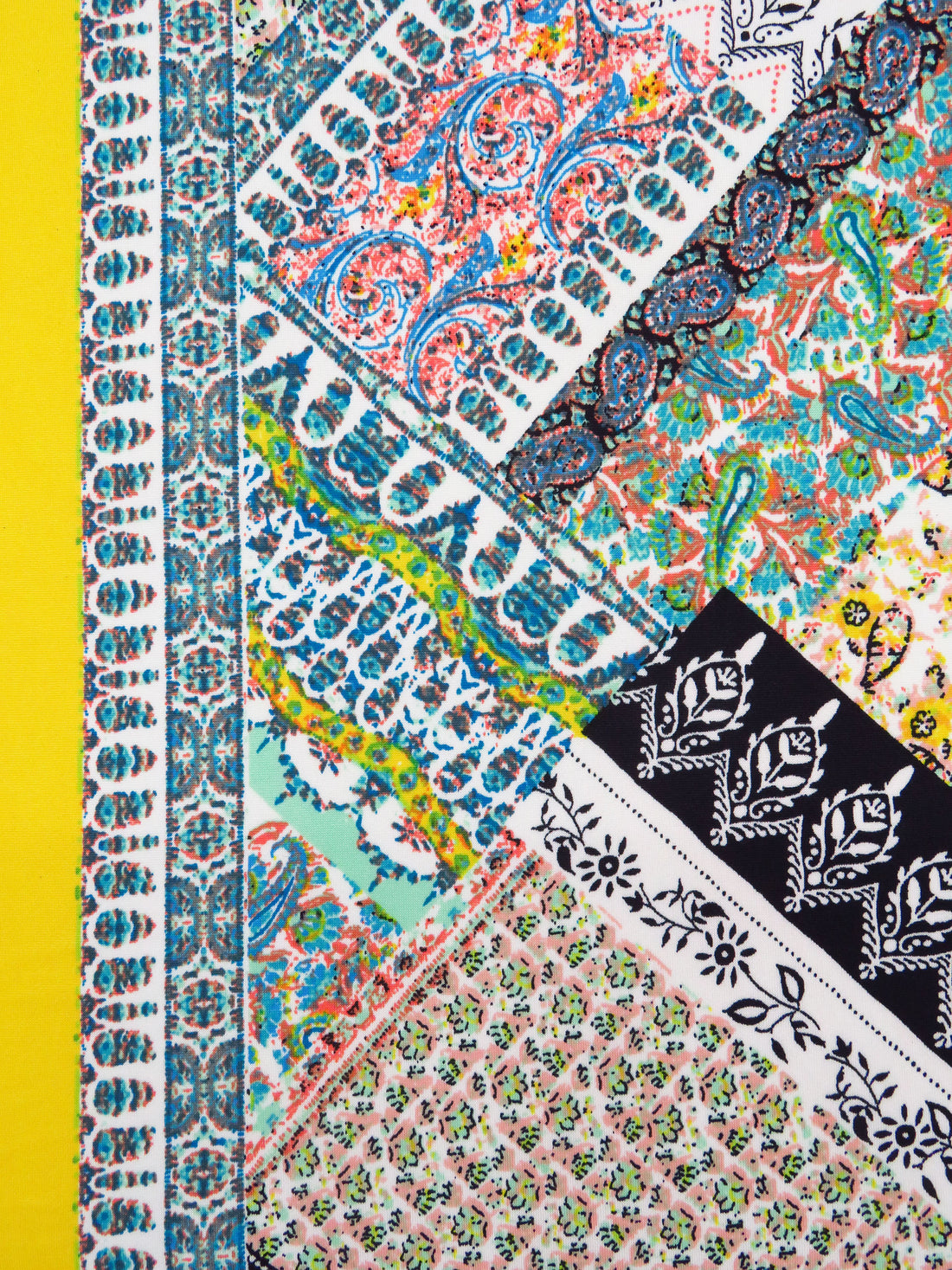 Lemon/White/Turquoise/Multi Polyester/Lycra Double Border Stylized Patchwork Print DTY Knit 56W