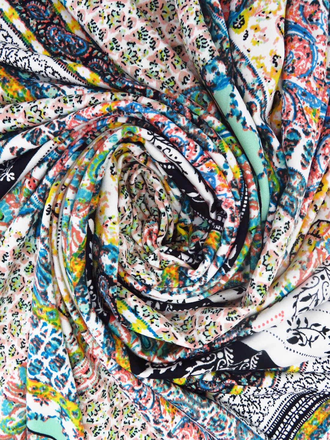 Lemon/White/Turquoise/Multi Polyester/Lycra Double Border Stylized Patchwork Print DTY Knit 56W