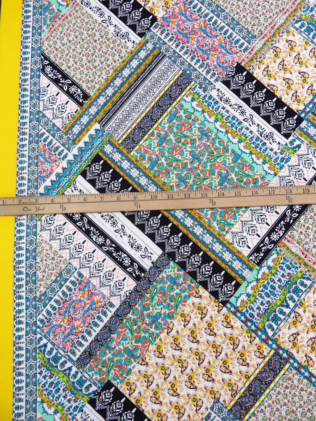 Lemon/White/Turquoise/Multi Polyester/Lycra Double Border Stylized Patchwork Print DTY Knit 56W